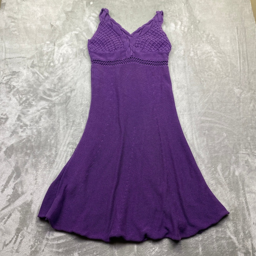 Sisley Purple‎ Knit Sleeveless Dress Crochet Detail Empire Waist Flare Skirt XS